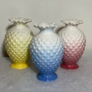 Set of 3 Hobnail Ruffled Edge Mini Vases 4.5” Pink Yellow Blue Vintage